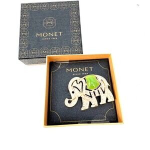 Monet Elephant Brooch Vintage Jade Green and Rhinestone Gold Tone Pin
